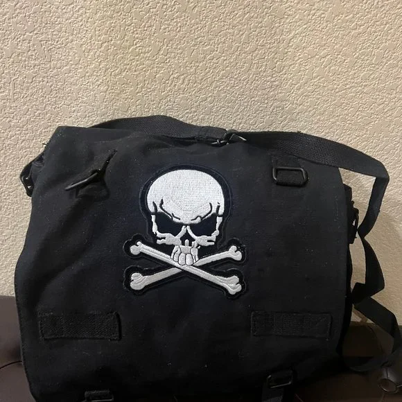 ARMY Tough Vintage Canvas Shoulder Bag Black Color With Skull & Bone Patch - NEW